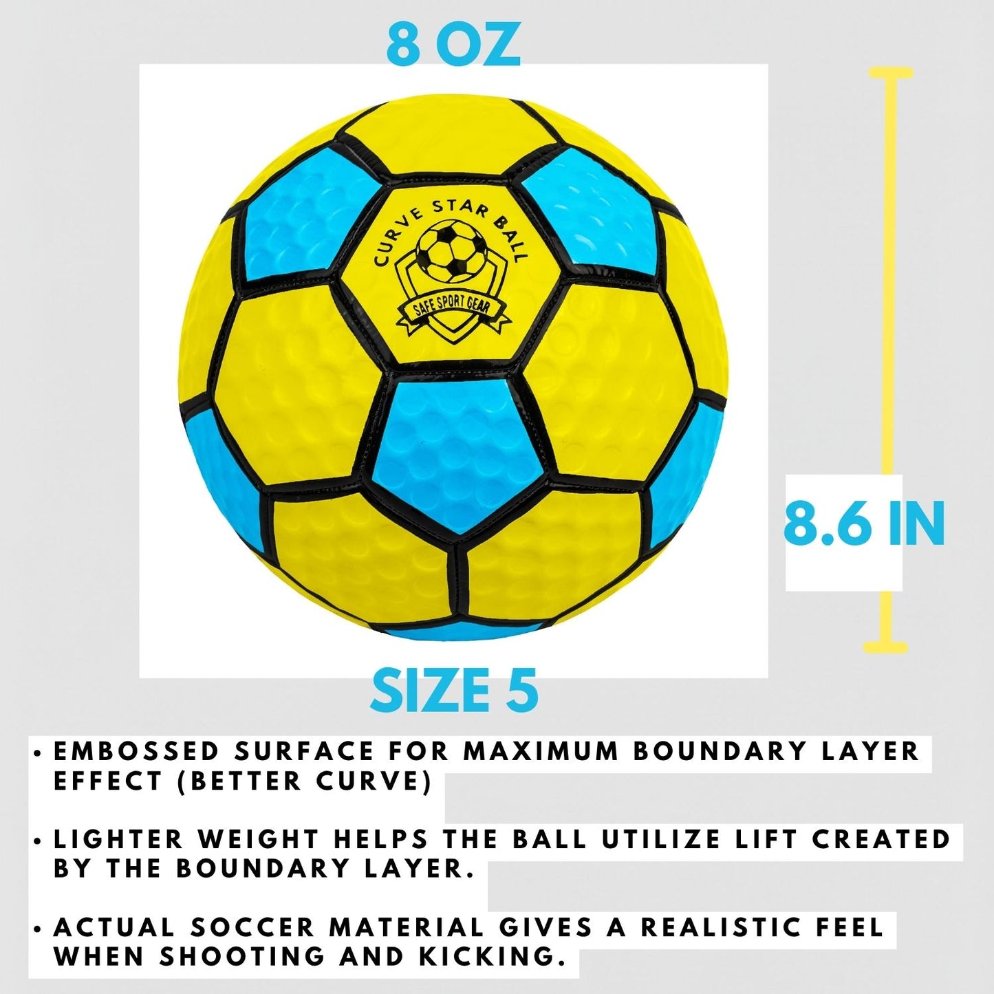 Curve Star Swerve Soccer Ball with specifications on a white background
