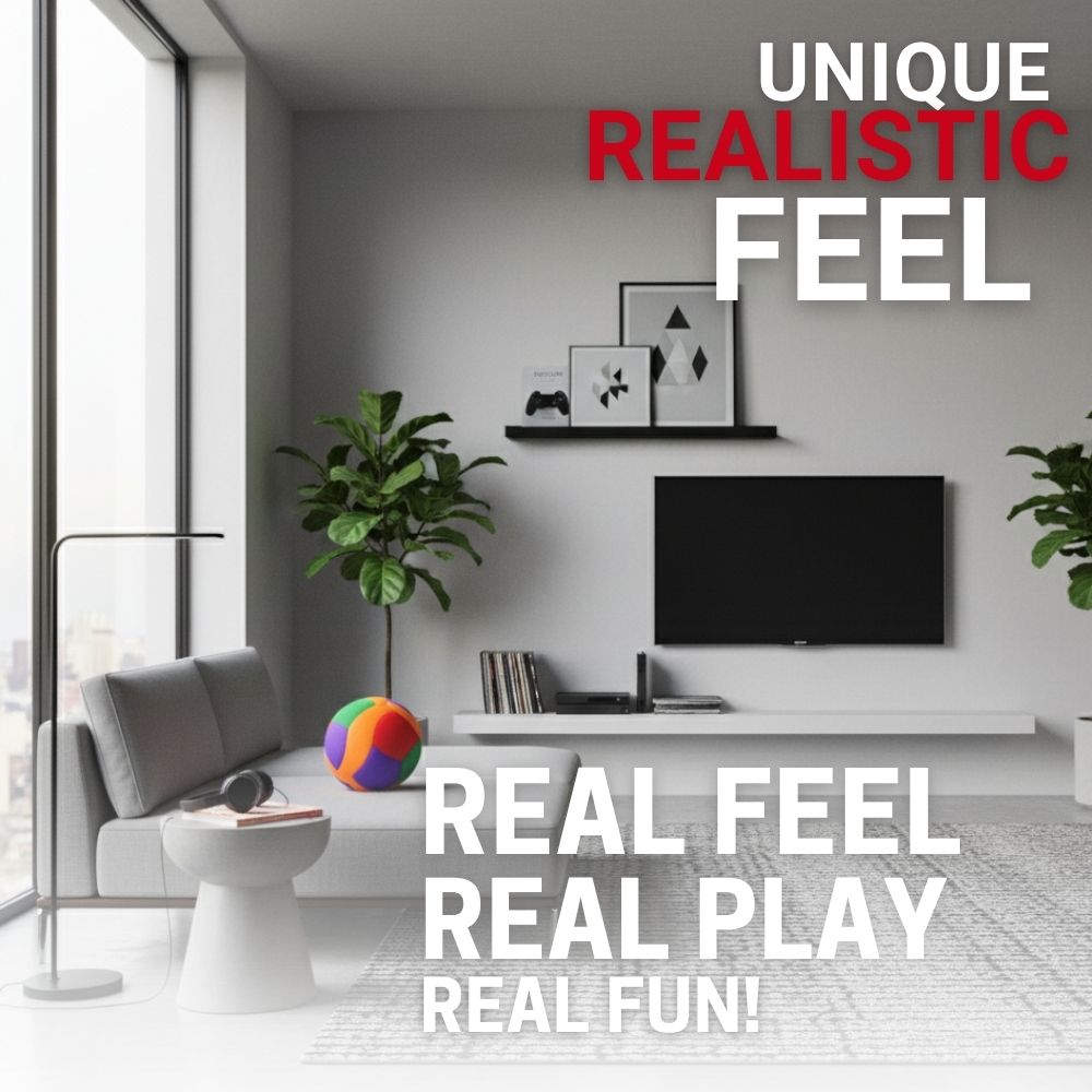 Modern living room with a TV, sofa, and decor elements, featuring text about a 'unique realistic feel'.
