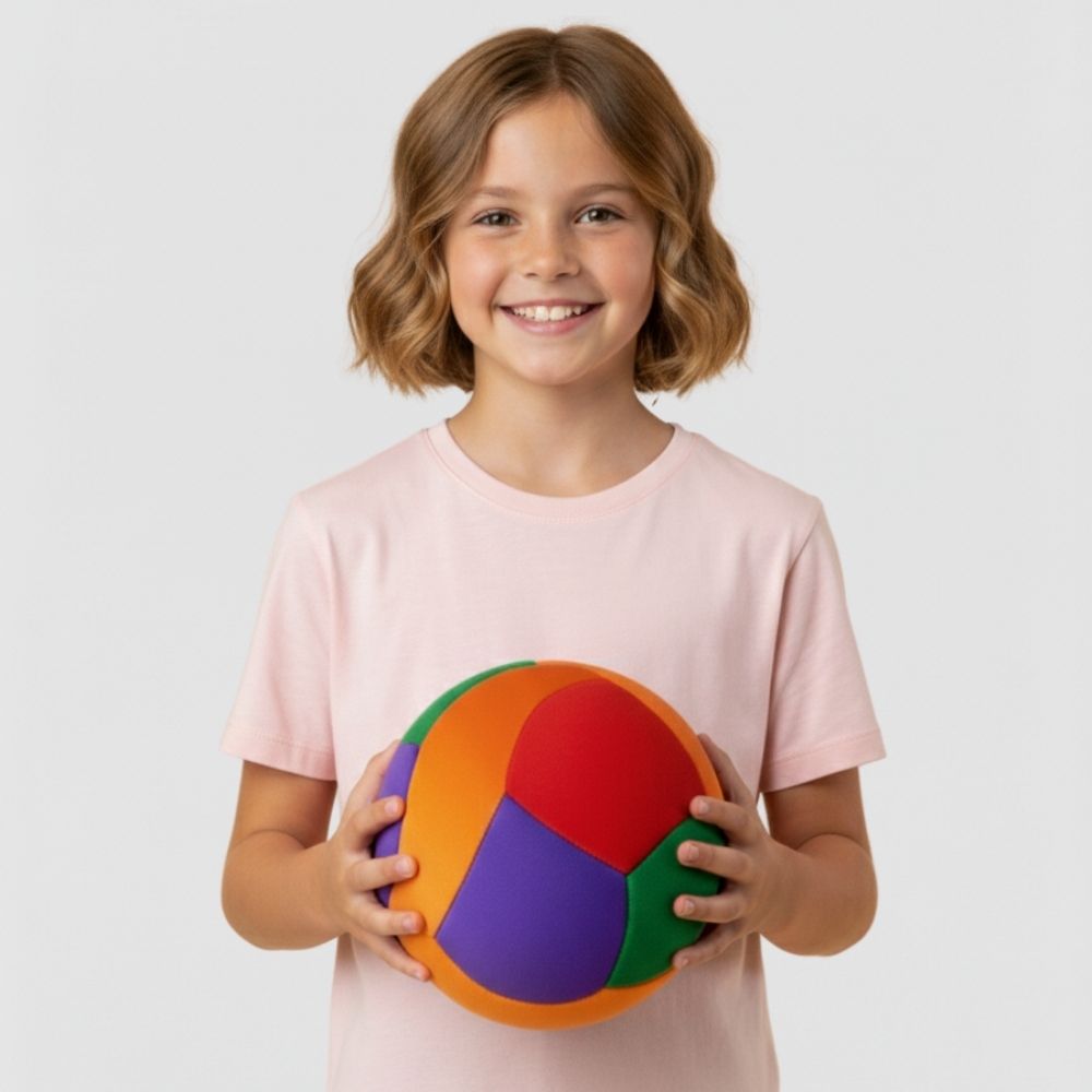 Child holding a colorful ball against a plain background