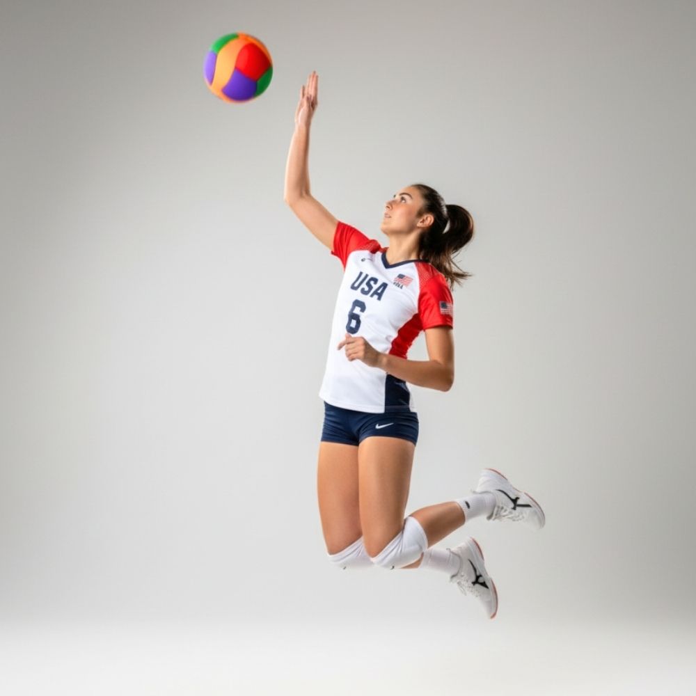 Volleyball player in USA uniform about to hit a colorful volleyball on a gray background