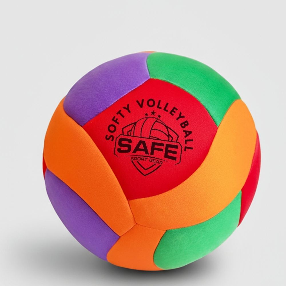 Colorful soft volleyball with 'SOFTY VOLLEYBALL SAFE' logo on a light gray background