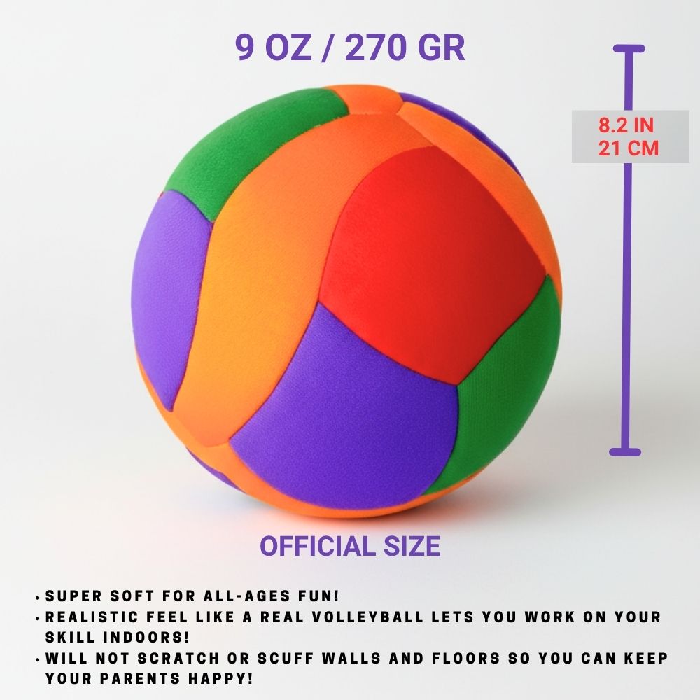 Colorful volleyball with measurements and text on a white background