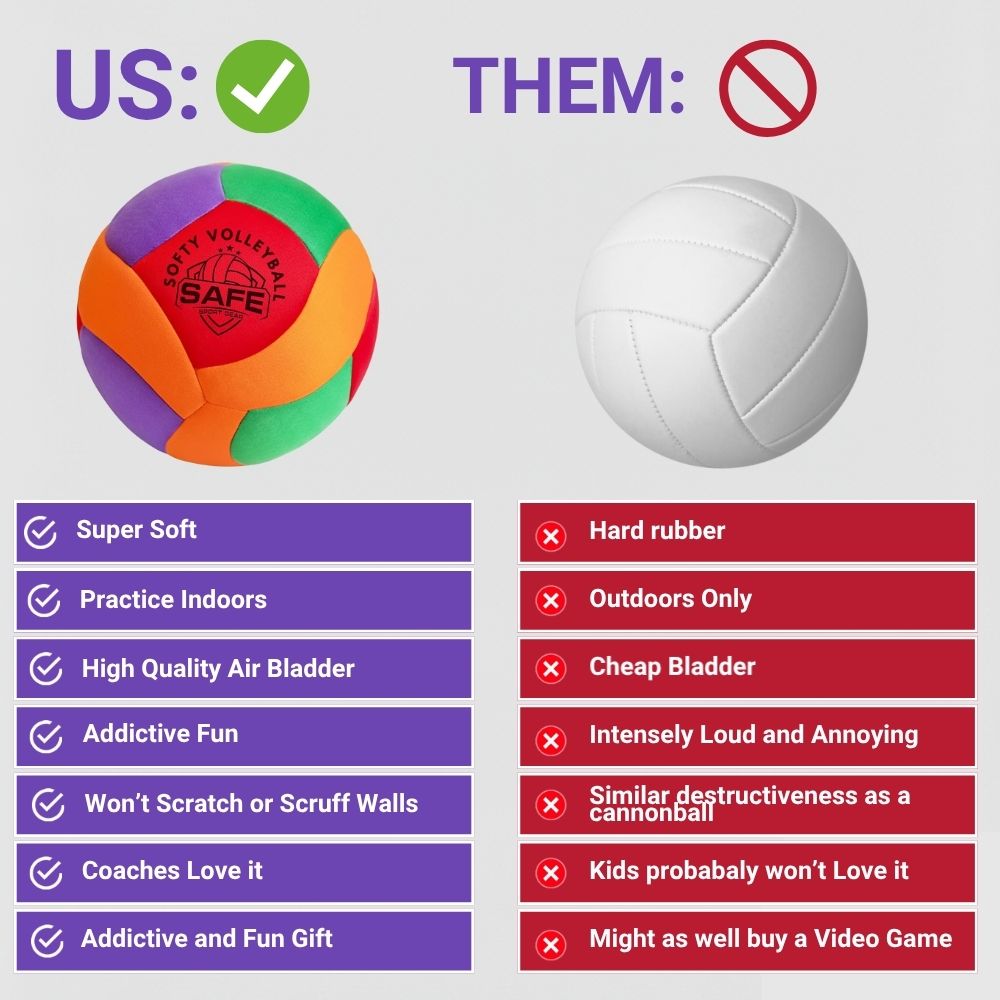 Comparison chart between a soft volleyball and a hard rubber ball with pros and cons listed.