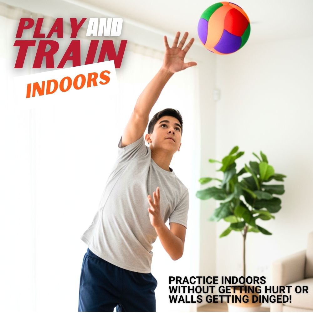 Person playing with a colorful ball indoors, with text promoting indoor play and training.