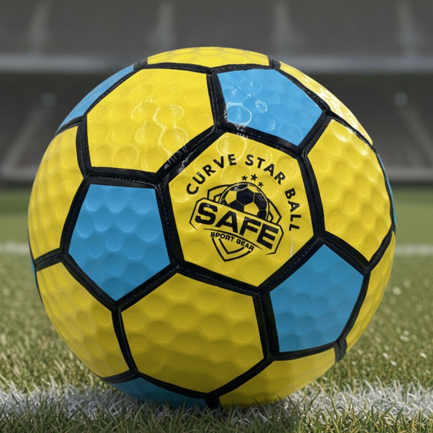 Curve Star Swerve Soccer Ball with 'Safe Sport Gear' logo resting on green grass