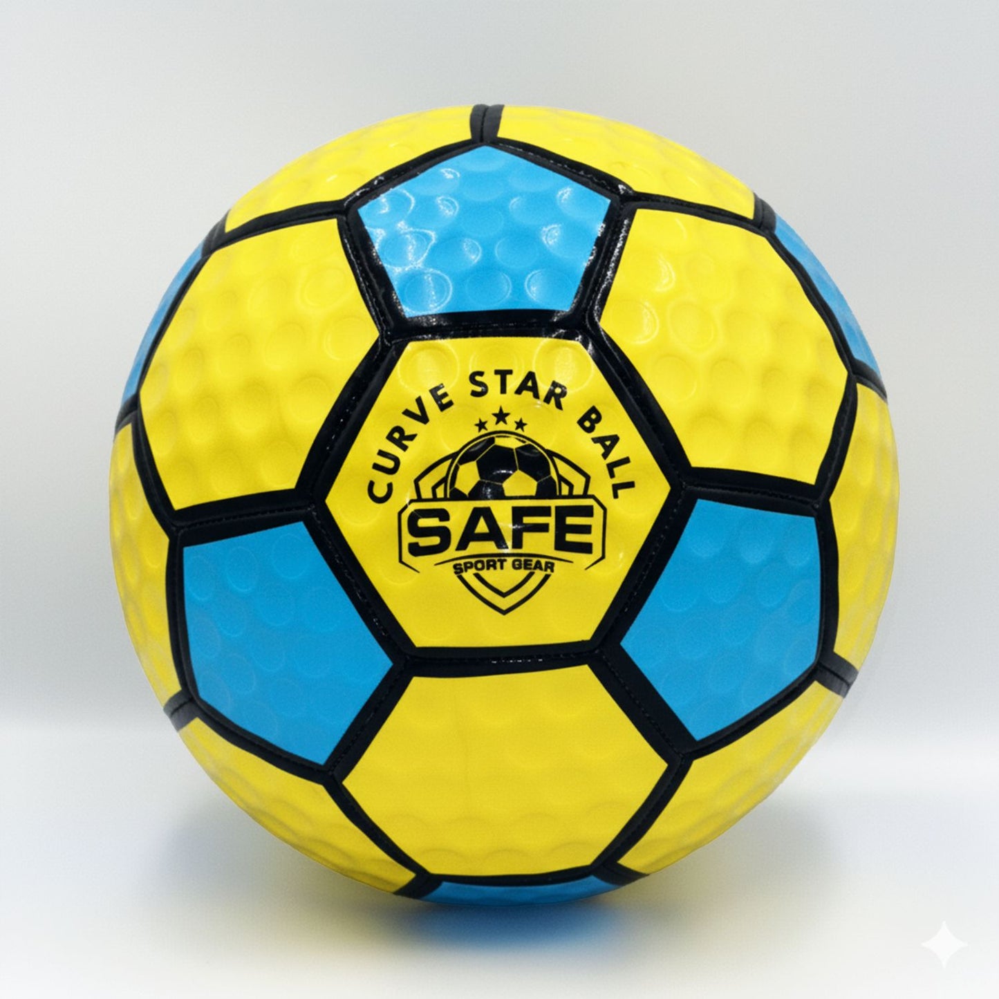 Curve Star Swerve Soccer Ball with 'SAFE SPORT GEAR' logo on a light gray background