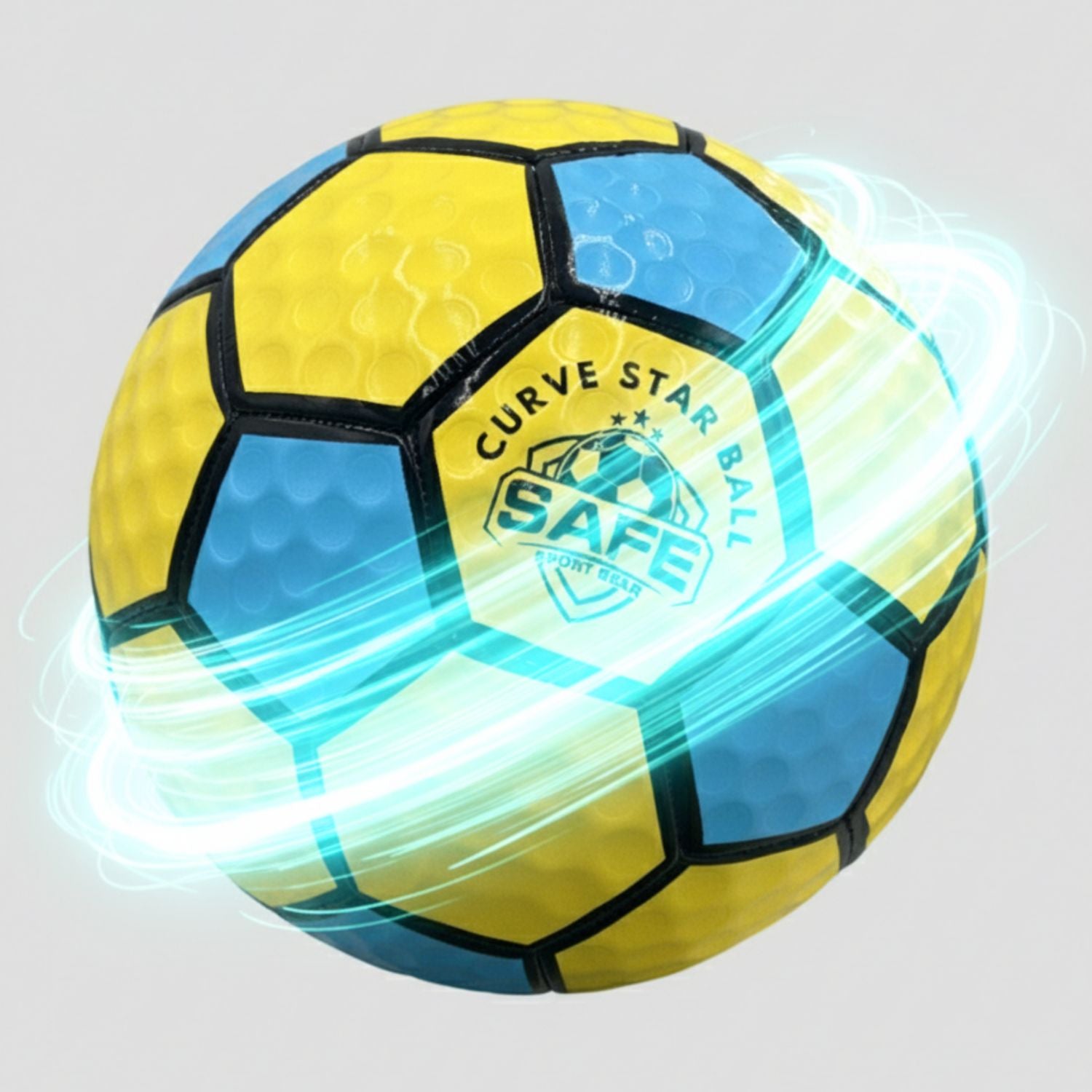Curve Star Swerve Soccer Ball by SAFE Sport Gear, with motion effect on a white background.