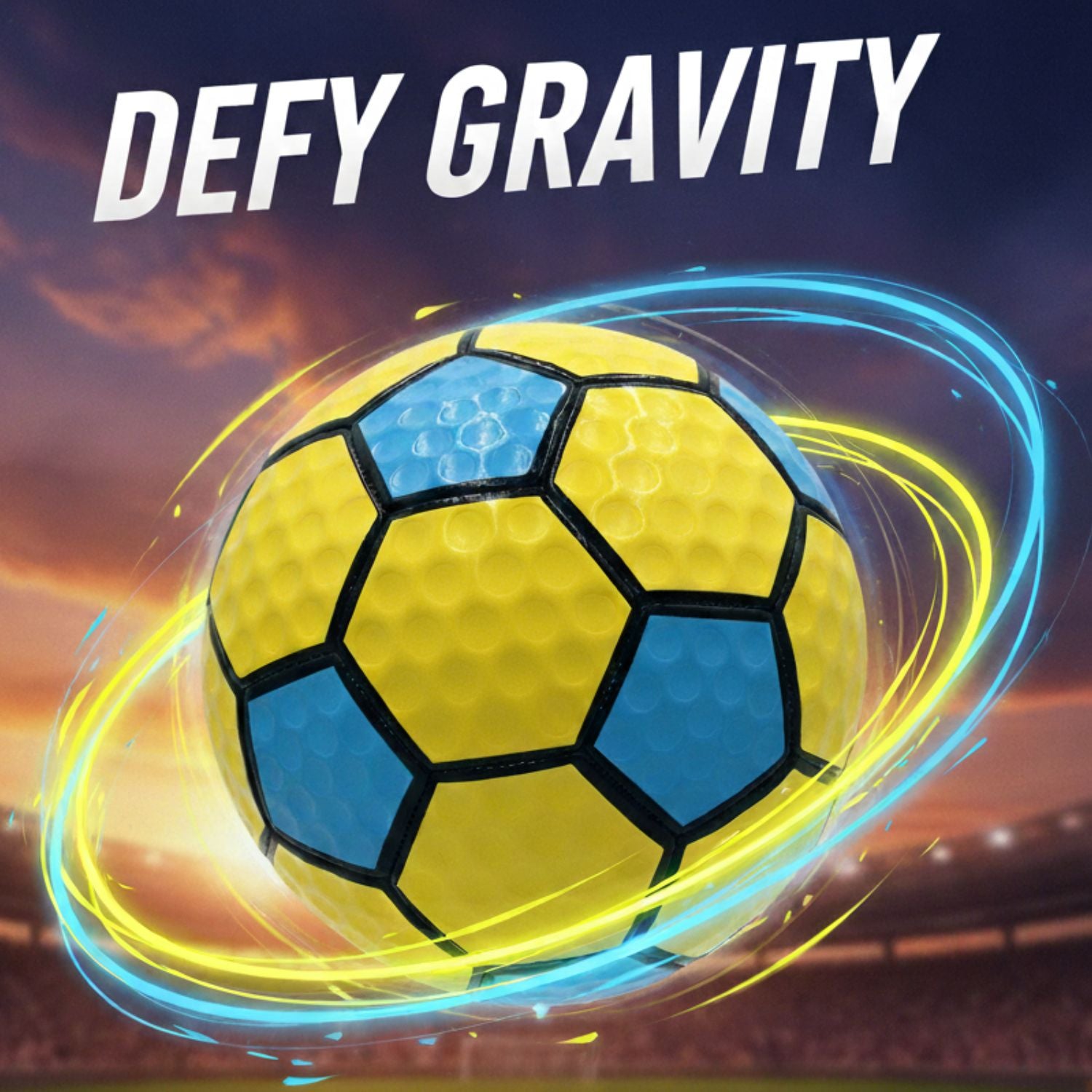 Curve Star Swerve Soccer Ball with "Defy Gravity" text in colorful sky