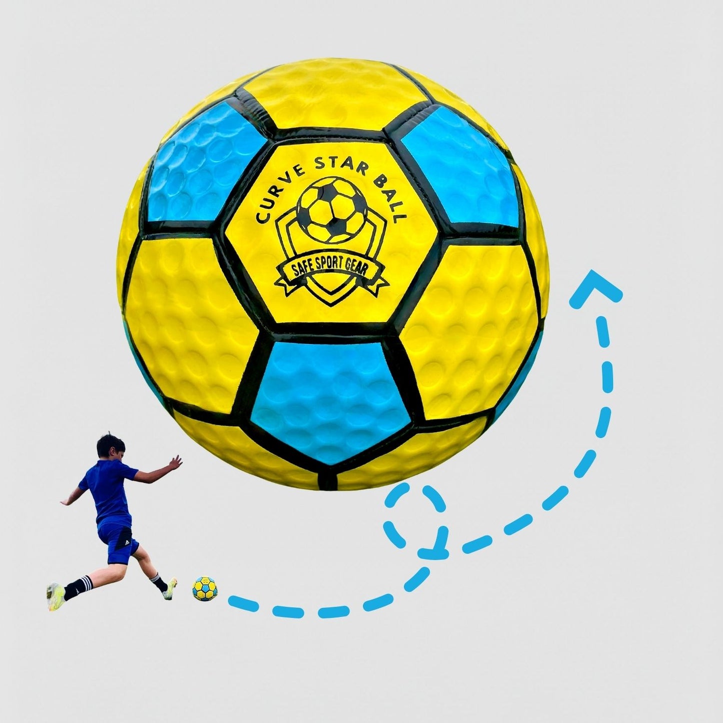 Child in blue sportswear kicking a small Curve Star Swerve soccer ball toward a giant  Curve Star ball