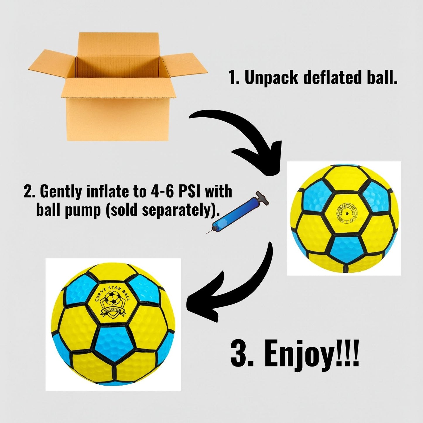 Step-by-step guide on how to inflate and use a Curve Star Swerve Soccer Ball, with a 'SAFE SPORT GEAR' logo.