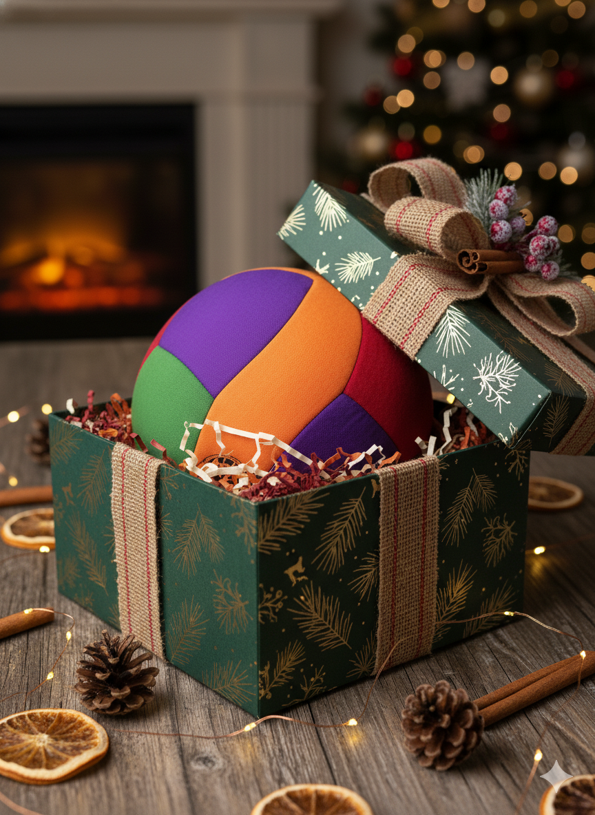 Softy volleyball in a gift box with holiday decor by a fireplace