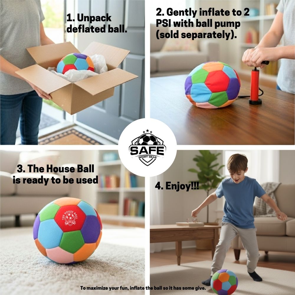 Step-by-step guide on how to unpack, inflate, and use The House Ball in a living room.