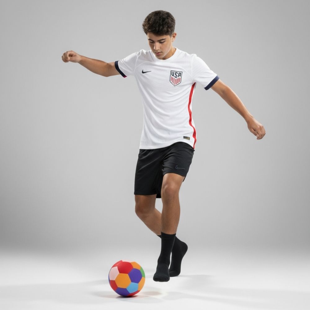 Person wearing a white soccer jersey with The House Ball on a gray background.