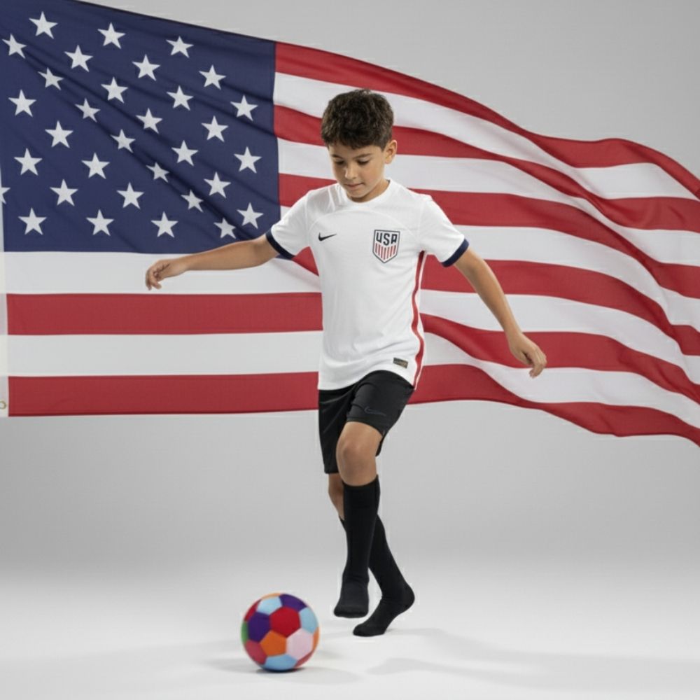 Child in a soccer uniform kicking The House Ball with an American flag in the background