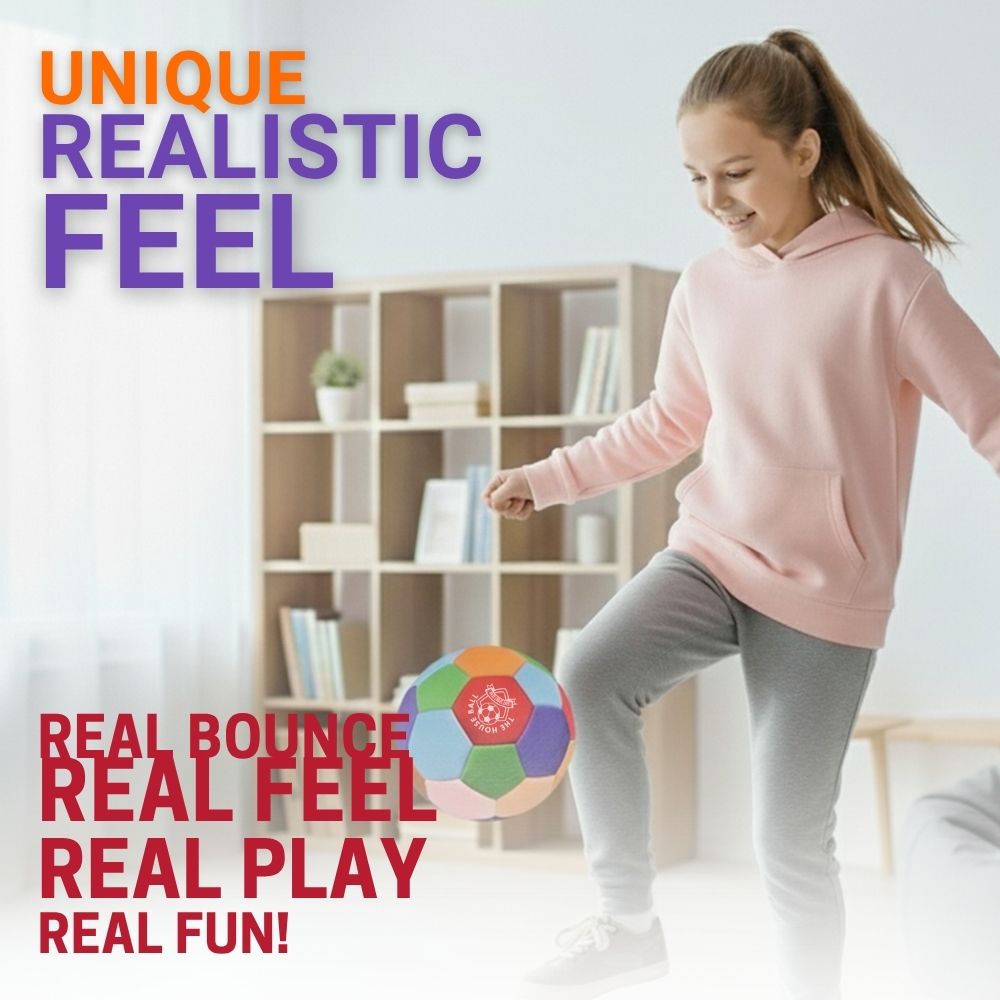 Child playing with The House Ball in a room with shelves in the background