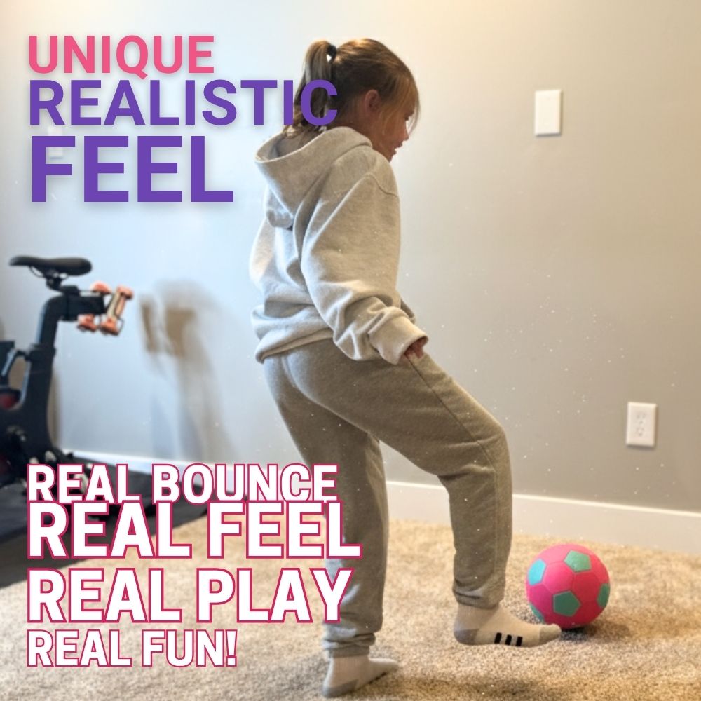 Child playing with The Pink House Ball in a room with text about realistic play experience.