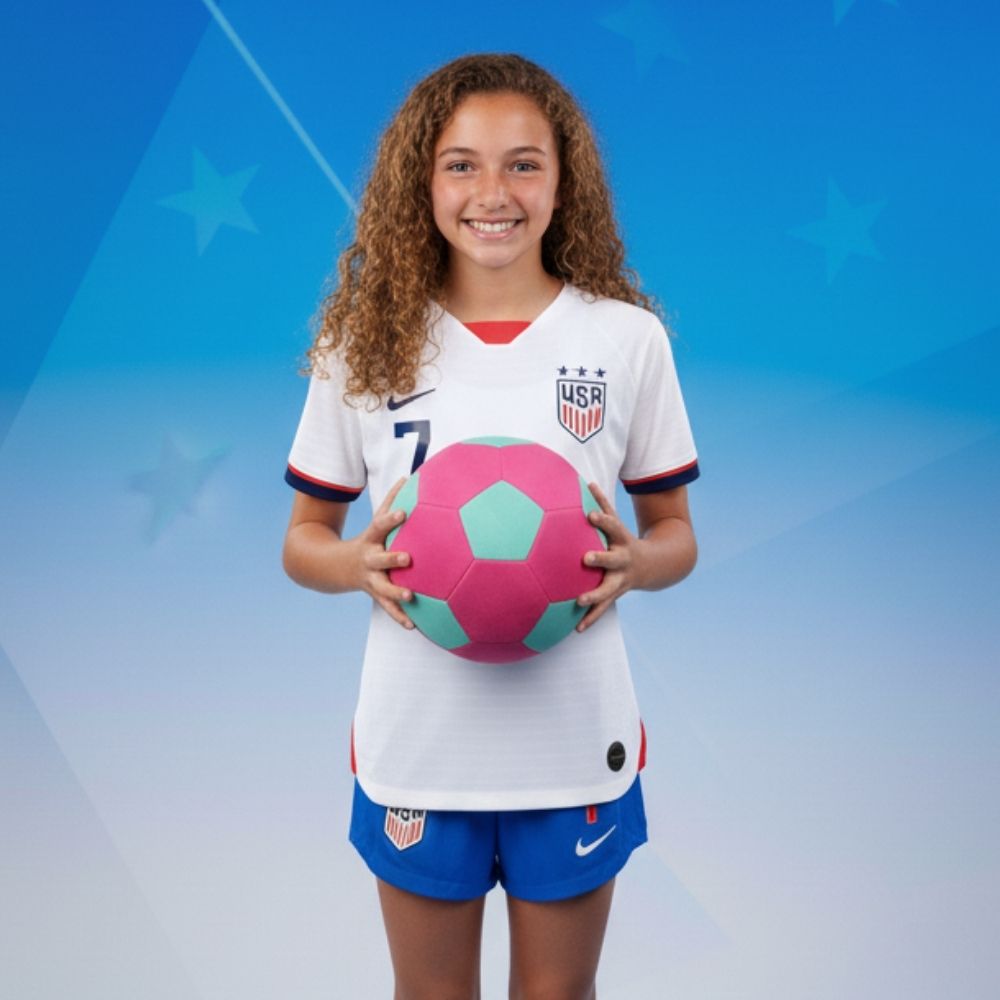 Child holding The Pink House Ball against a sky blue and white background.