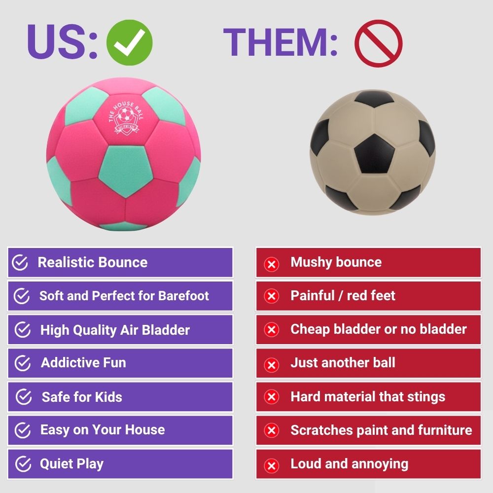 Comparison chart between The Pink House Ball labeled 'US' and a soccer ball labeled 'THEM' with pros and cons listed.