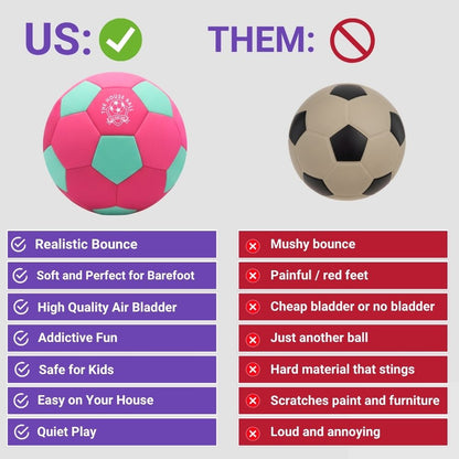 Comparison chart between The Pink House Ball labeled 'US' and a soccer ball labeled 'THEM' with pros and cons listed.