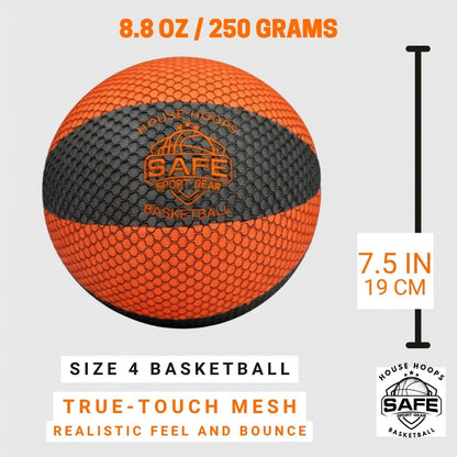 Size 4 HouseHoops Basketball with Safe Sport Gear logo, weight, size, and material details on a white background.