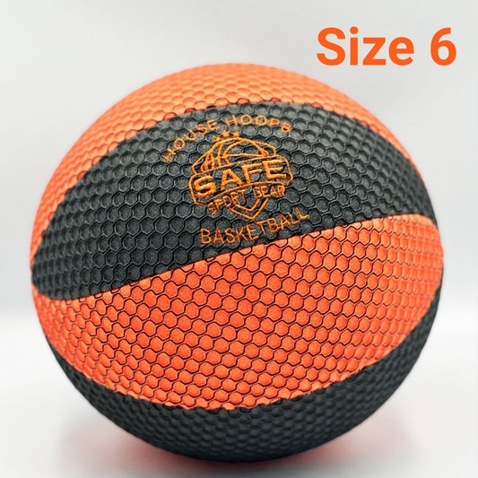 Orange and black basketball with 'Safe Sport Gear HouseHoops Basketball' branding on a white background. - size 6


