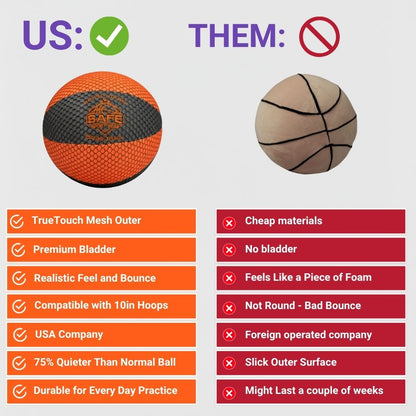 Comparison chart between a HouseHoops Basketball and a traditional basketball with features listed on a white background.