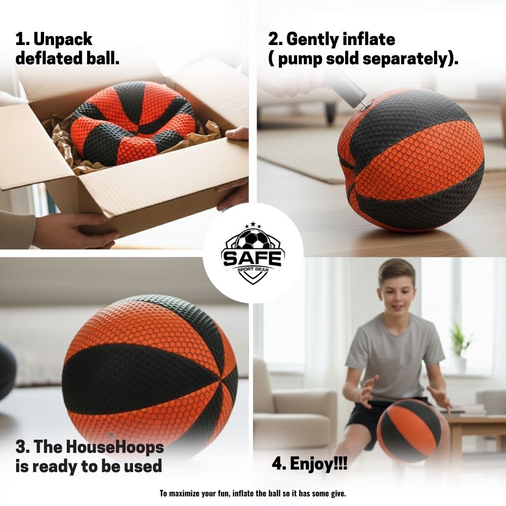 Step-by-step guide to inflating and using a deflated HouseHoops Basketball, with a Safe Sport Gear logo in the center.