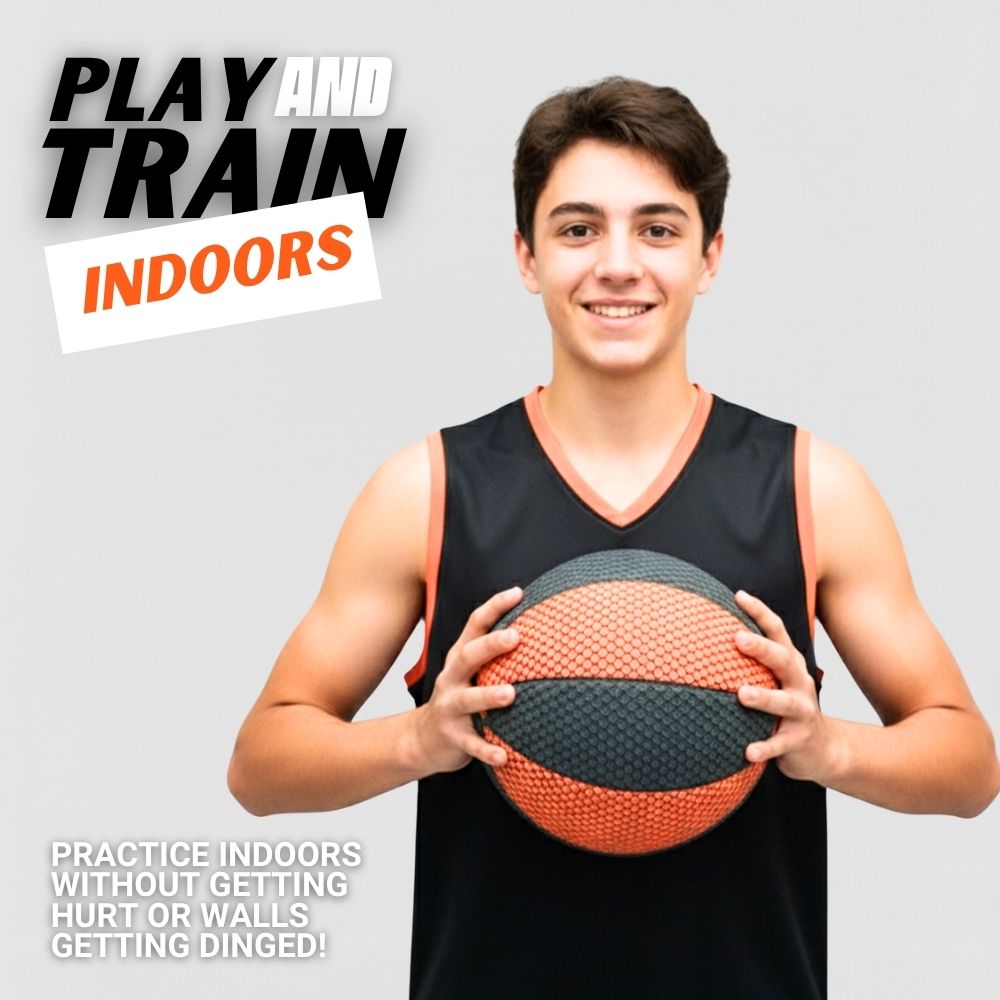 Person holding a HouseHoops Basketball with promotional text about indoor play and training.