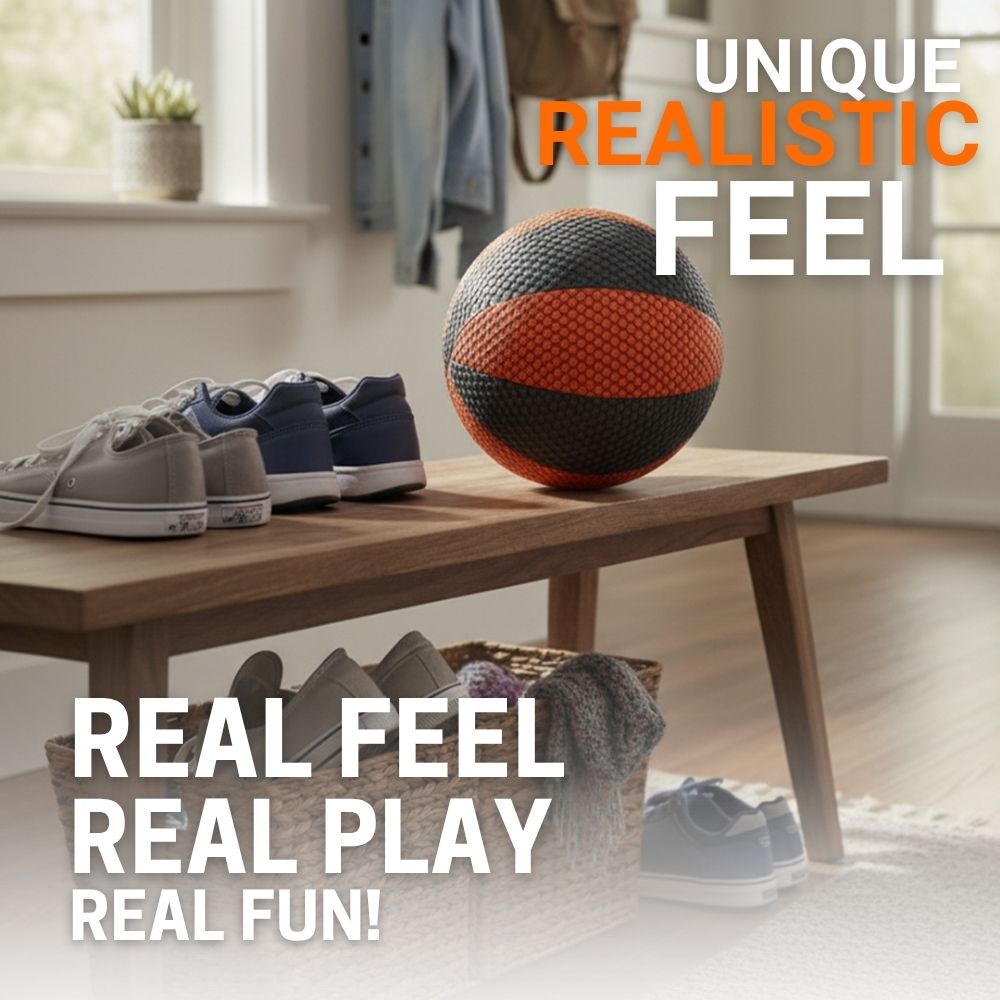 HouseHoops Basketball on a wooden bench with shoes and a basket in a room setting, text 'Real Feel Real Play Real Fun!' and 'Unique Realistic Feel'.