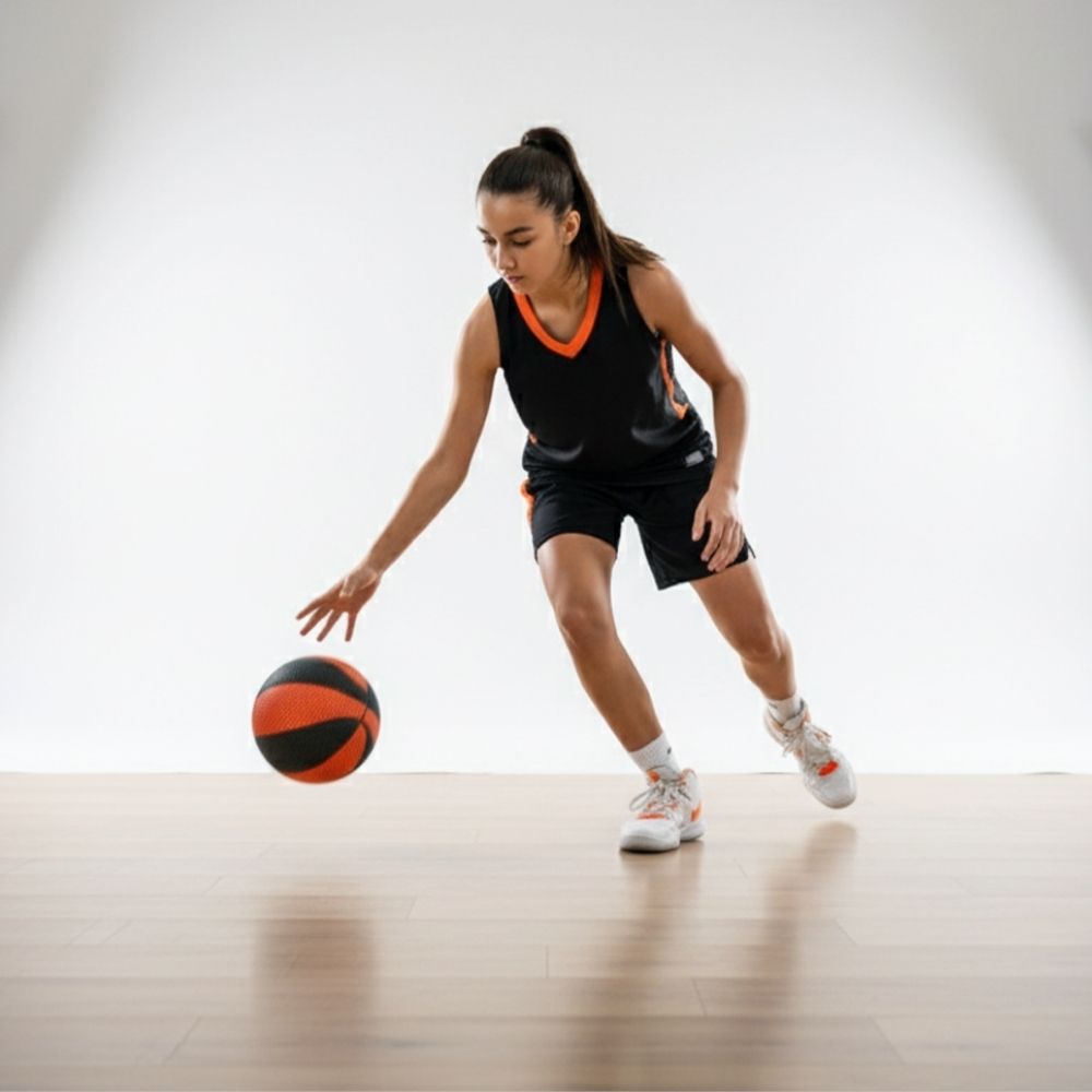 Woman playing with a HouseHoops Basketball on a light wooden floor against a white wall