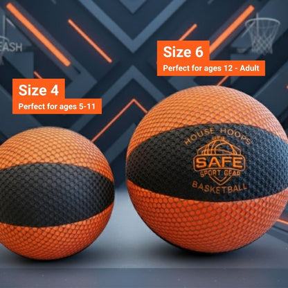 Two HouseHoops Basketballs, one size 4 and one size 6 with Safe Sport Gear branding on a dark background.