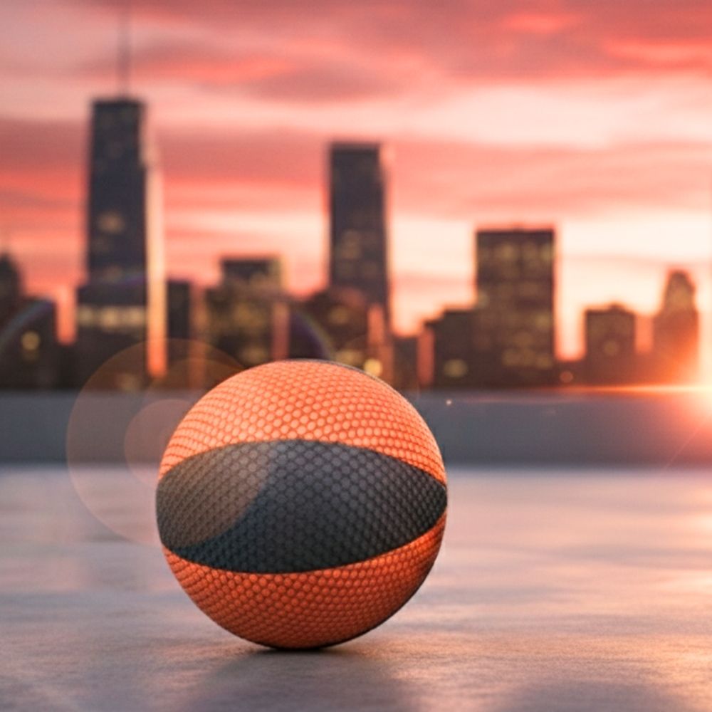 HouseHoops Basketball on a rooftop with a city skyline at sunset.