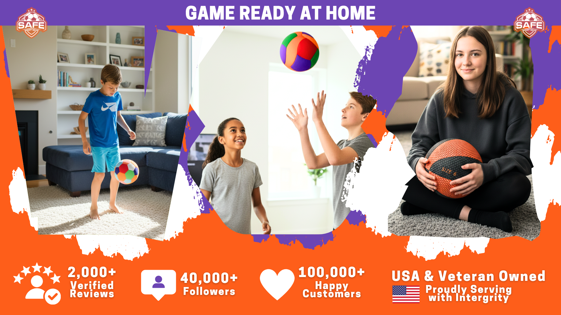 Kids playing with Safe Sport Gear balls indoors with text promoting family fun and USA veteran-owned brand.