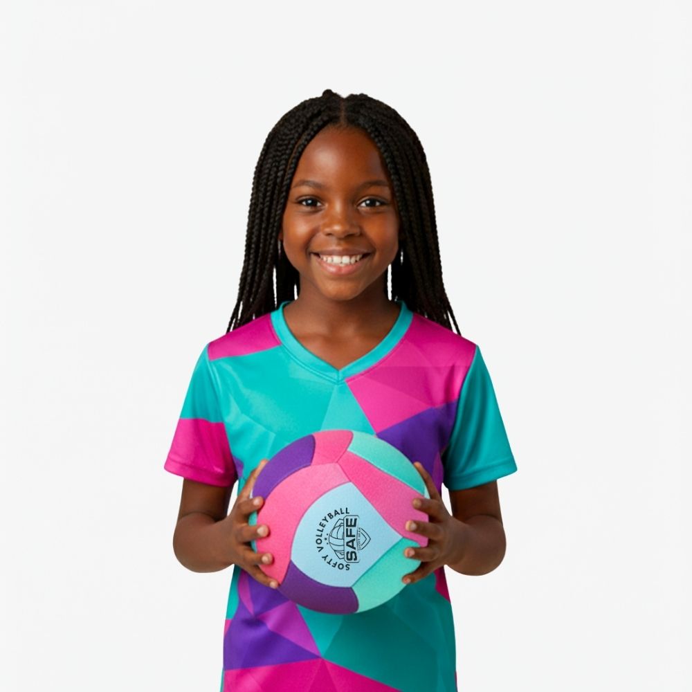 Child holding a Softy Volleyball-Teal against a white background