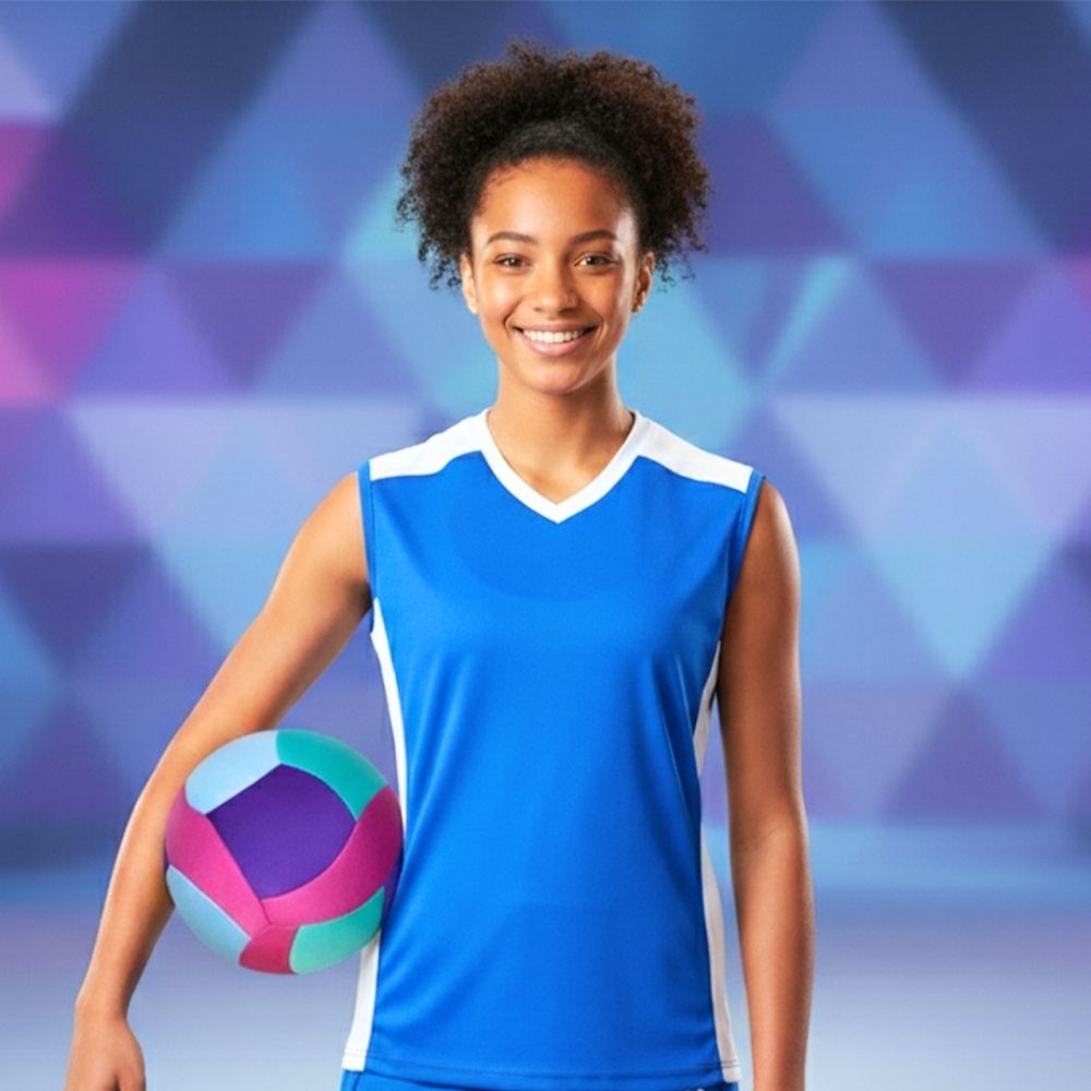 Young woman in a blue sports jersey holding a Softy Volleyball-Teal against a geometric patterned background