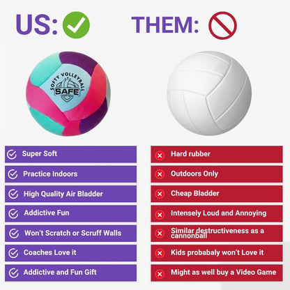 Comparison chart between a Softy Volleyball-Teal and a hard rubber ball with features listed.