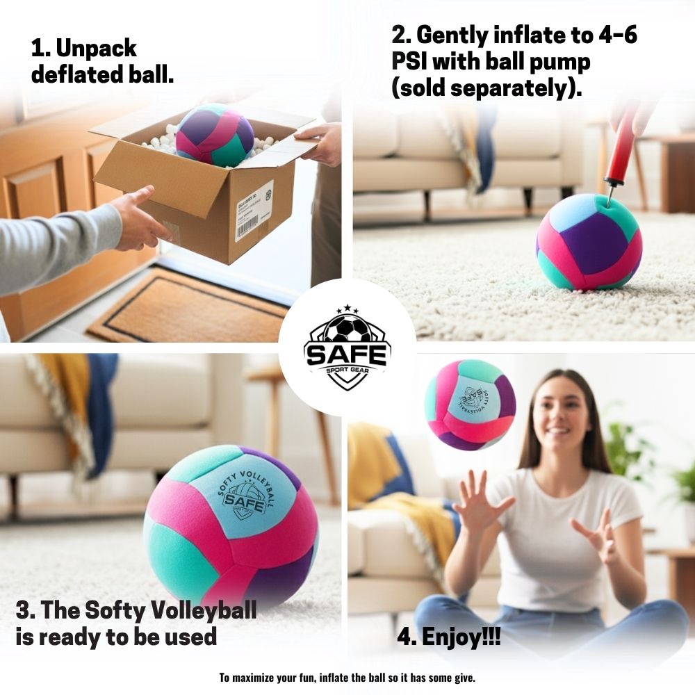 Step-by-step guide on how to inflate and use a Softy Volleyball-Teal, with a 'SAFE SPORT GEAR' logo.