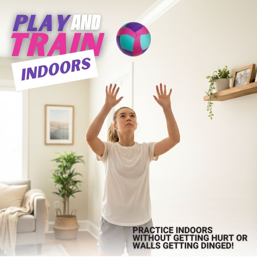 Woman playing with a  Softy Volleyball-Teal indoors, with text promoting indoor play and training.