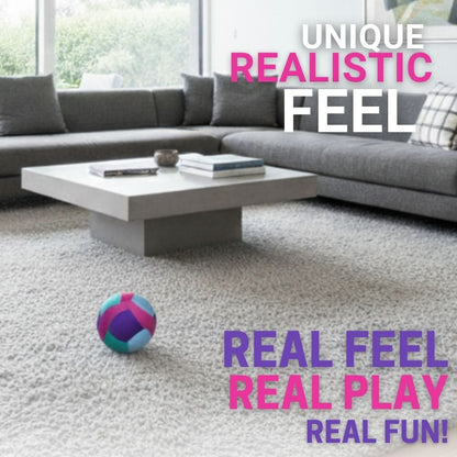 Living room with a gray sectional sofa, white coffee table, and Softy Volleyball-Teal on a carpet.