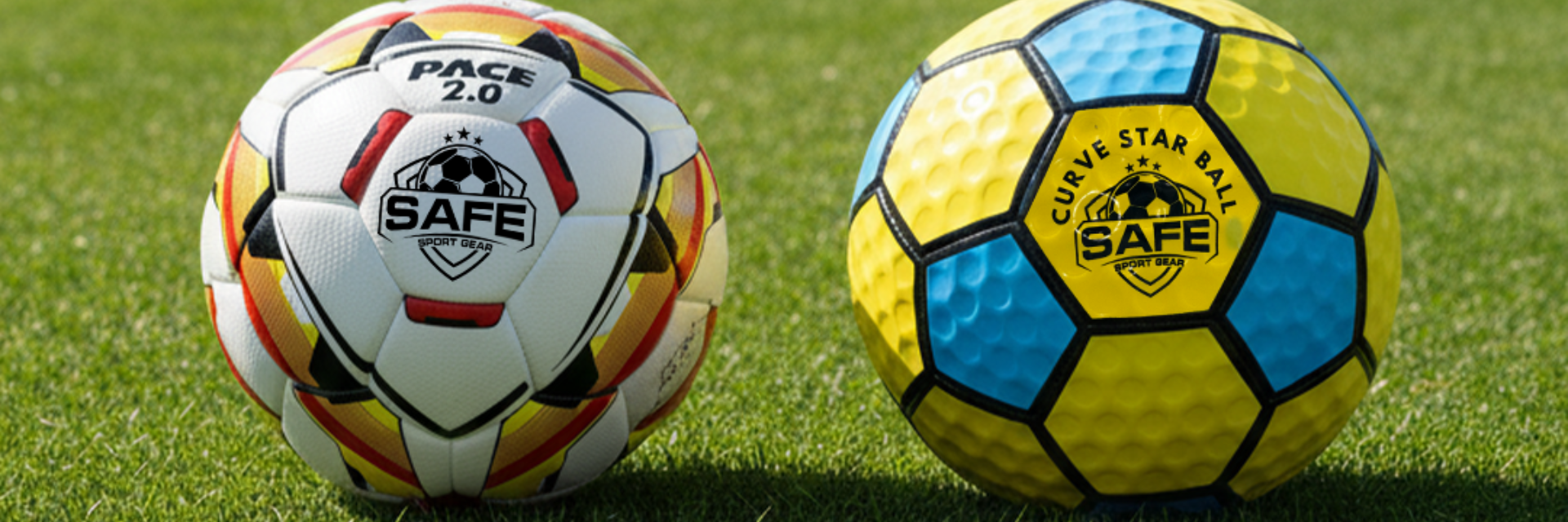 Two Soccer Balls with 'SAFE SPORT GEAR' logo on a grass outdoors