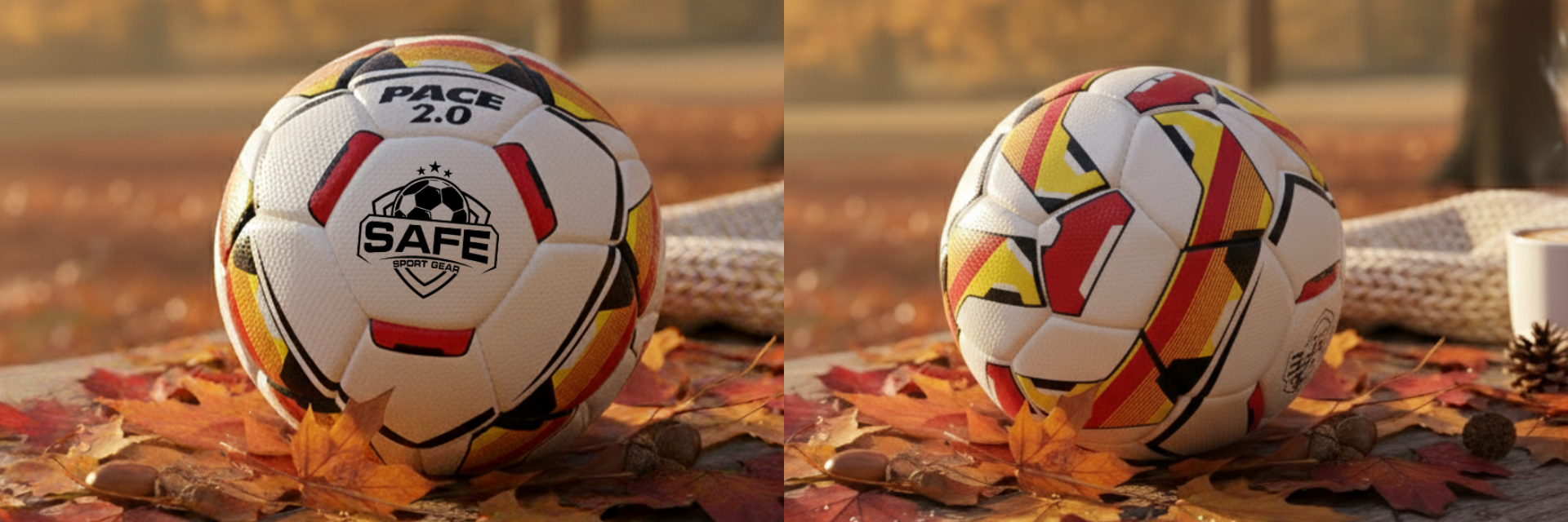 Pace 2.0 Soccer Ball on autumn leaves with warm sunlight and cozy background