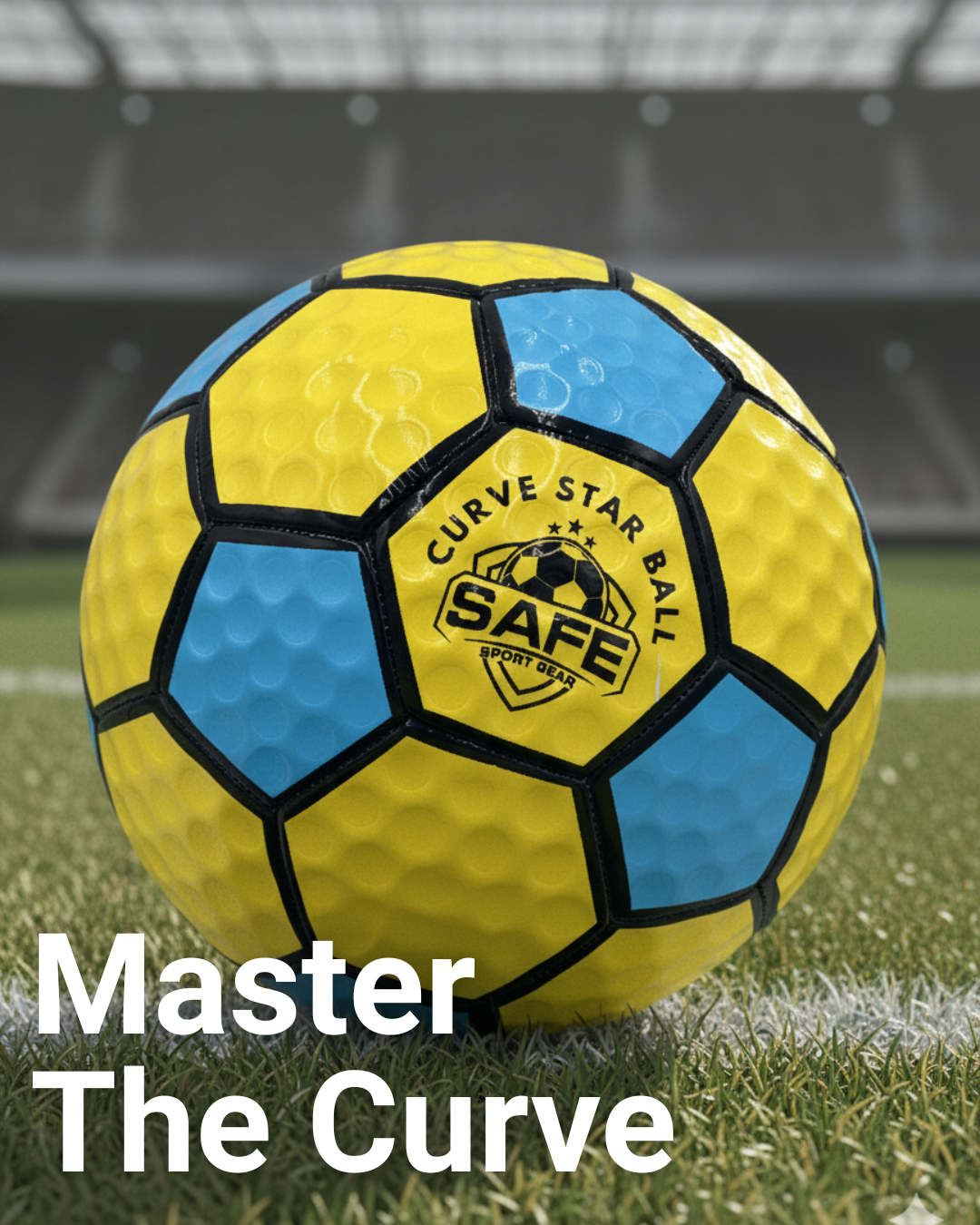 Curve Star Swerve Soccer Ball on grass with "Master The Curve' text