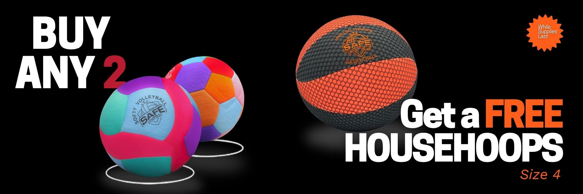 Promotional banner for basketballs with a free HouseHoop Basketball offer on a black background