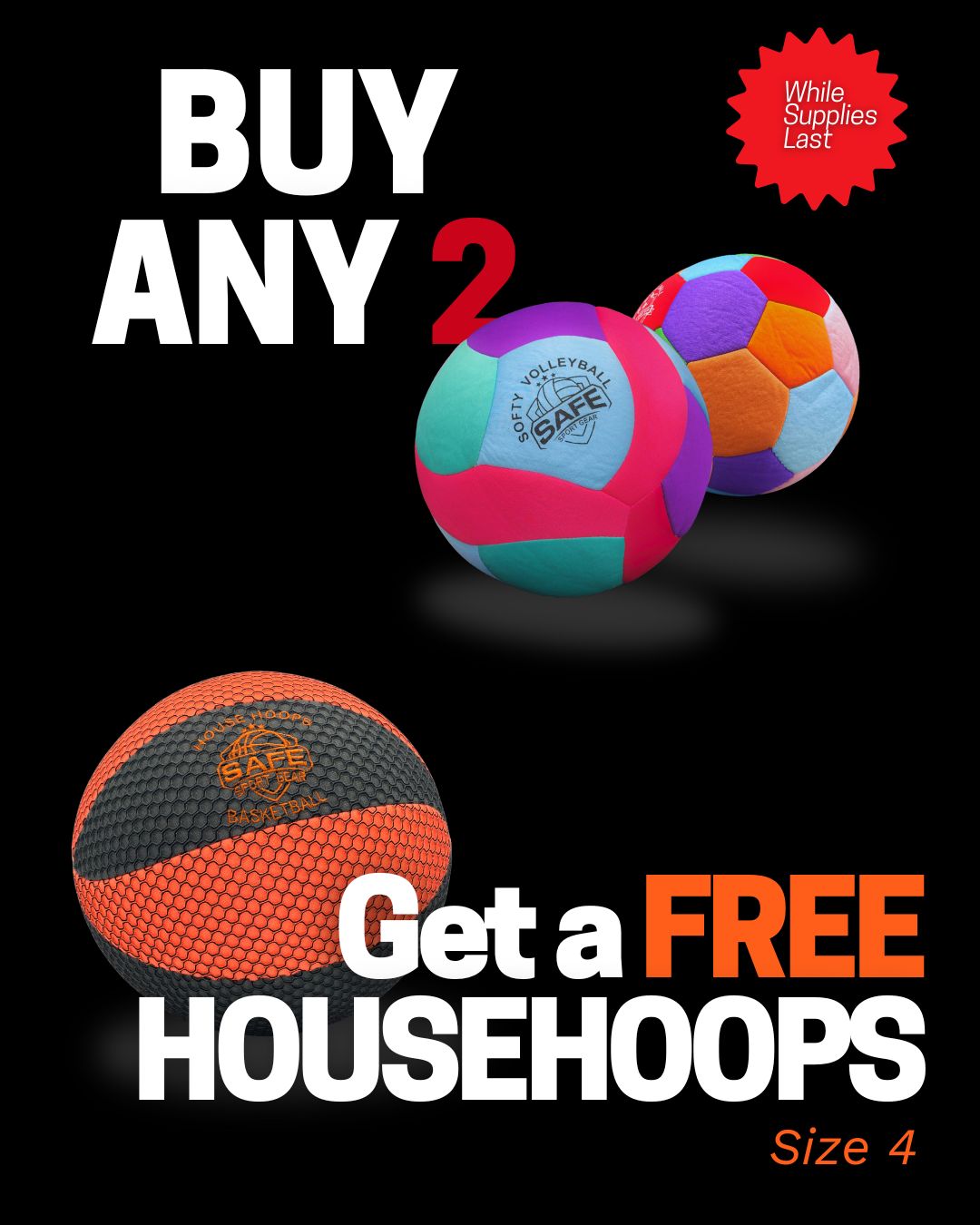 Promotional advertisement for sports balls with text about a free househoops offer.
