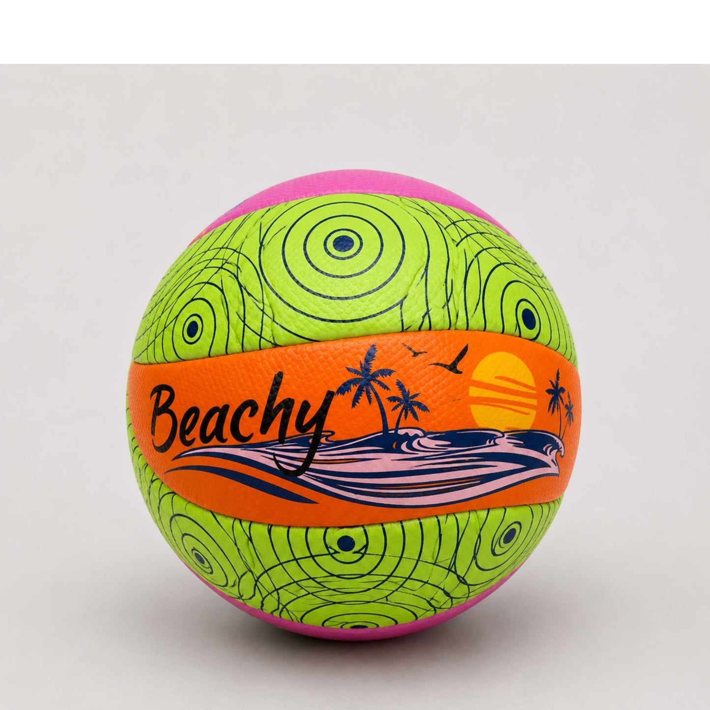 Beachy Volleyball with palm trees and sunset design on a white background