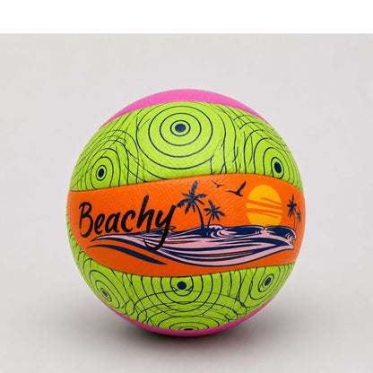 Beachy Volleyball with palm trees and sunset design on a white background
