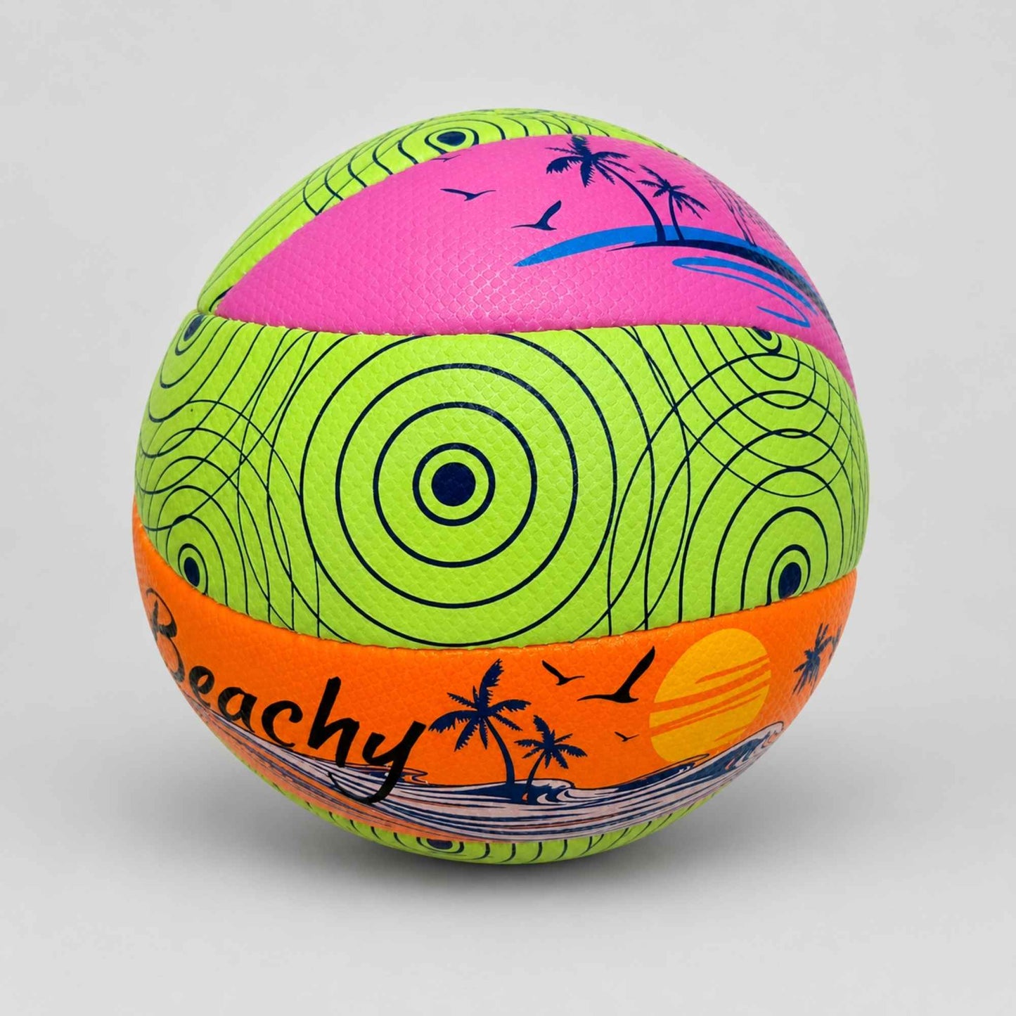 Beachy Volleyball with green, pink, and orange design on a gray background