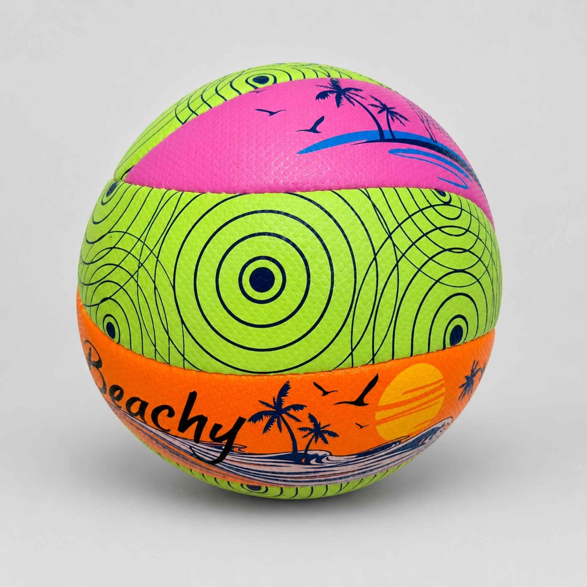 Beachy Volleyball with green, pink, and orange design on a gray background