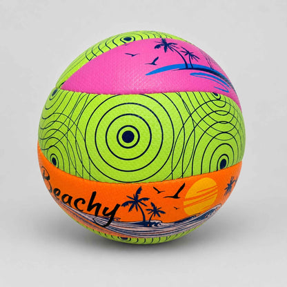 Beachy Volleyball with green, pink, and orange design on a gray background