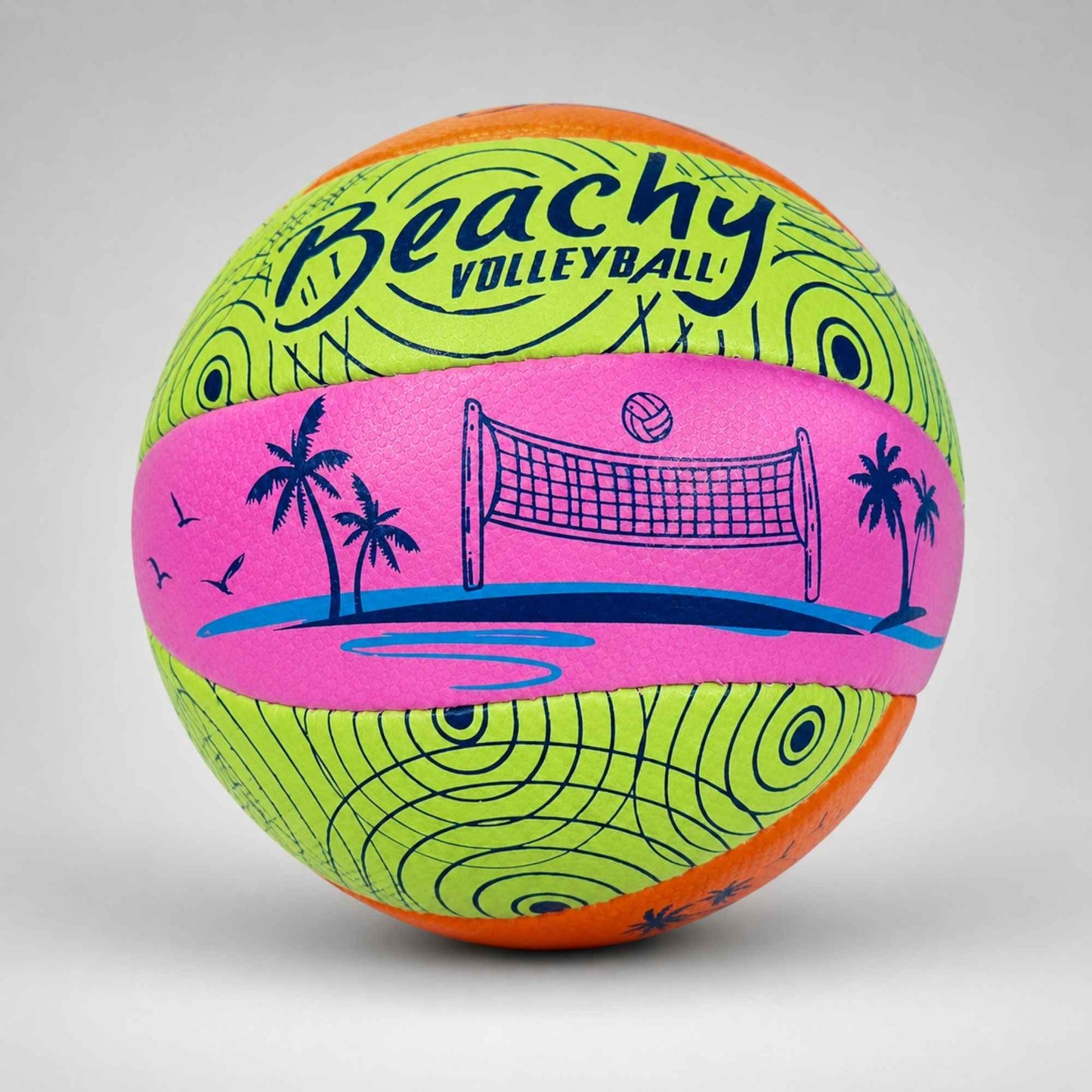 Close up view of Beachy Volleyball with volleyball net design on a gray background